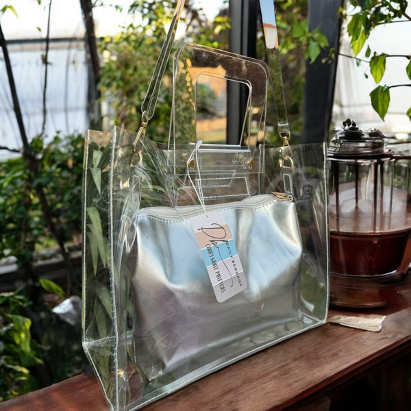 Transparent Bag with Acrylic Handles & Silver/Golden Pouch